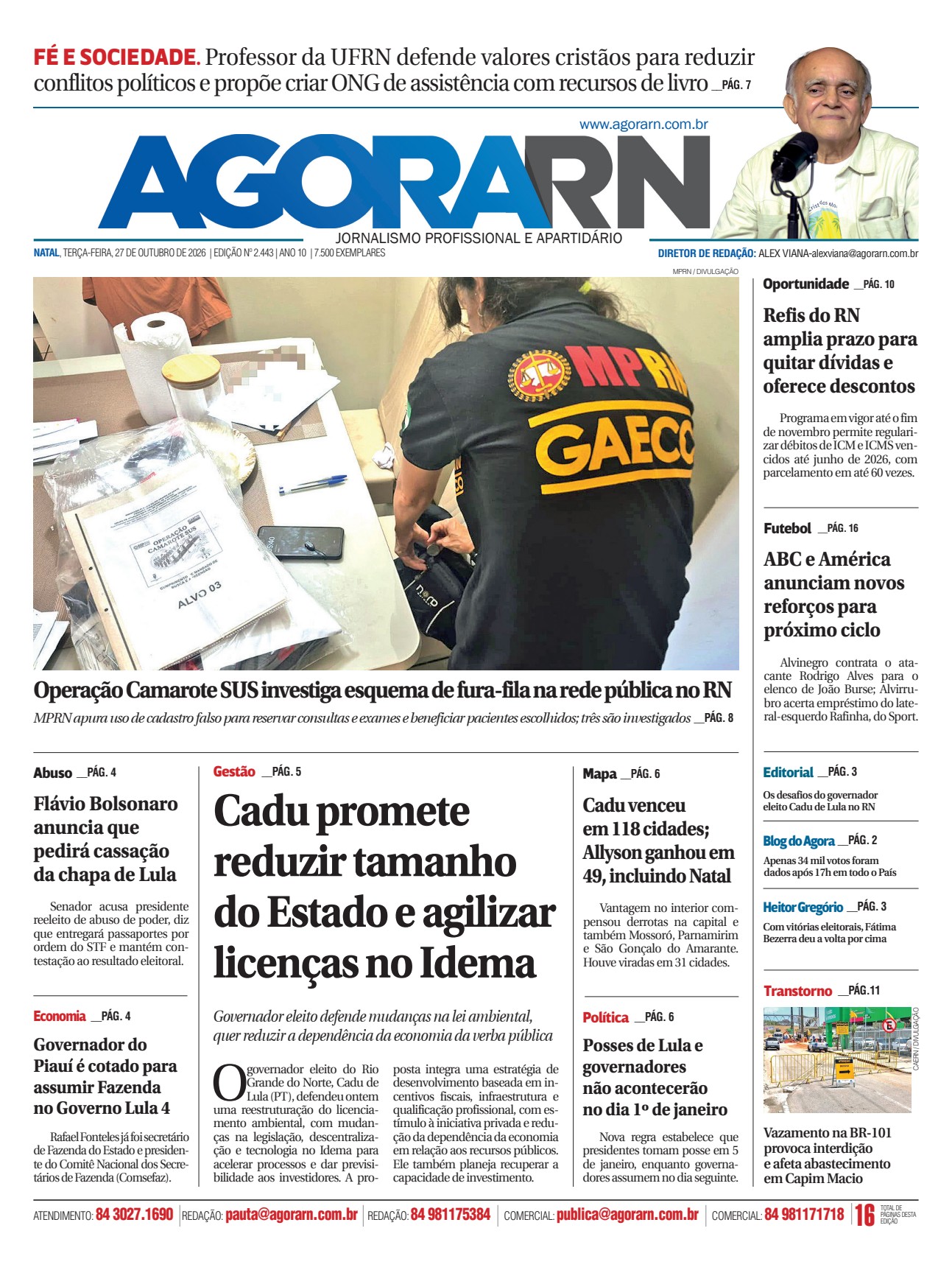 Capa da edição 2.443 do Agora RN, de 27 de outubro de 2026