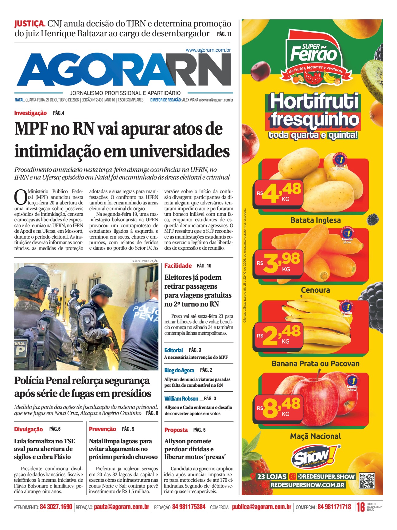 Capa da edição 2.439 do Agora RN, de 21 de outubro de 2026