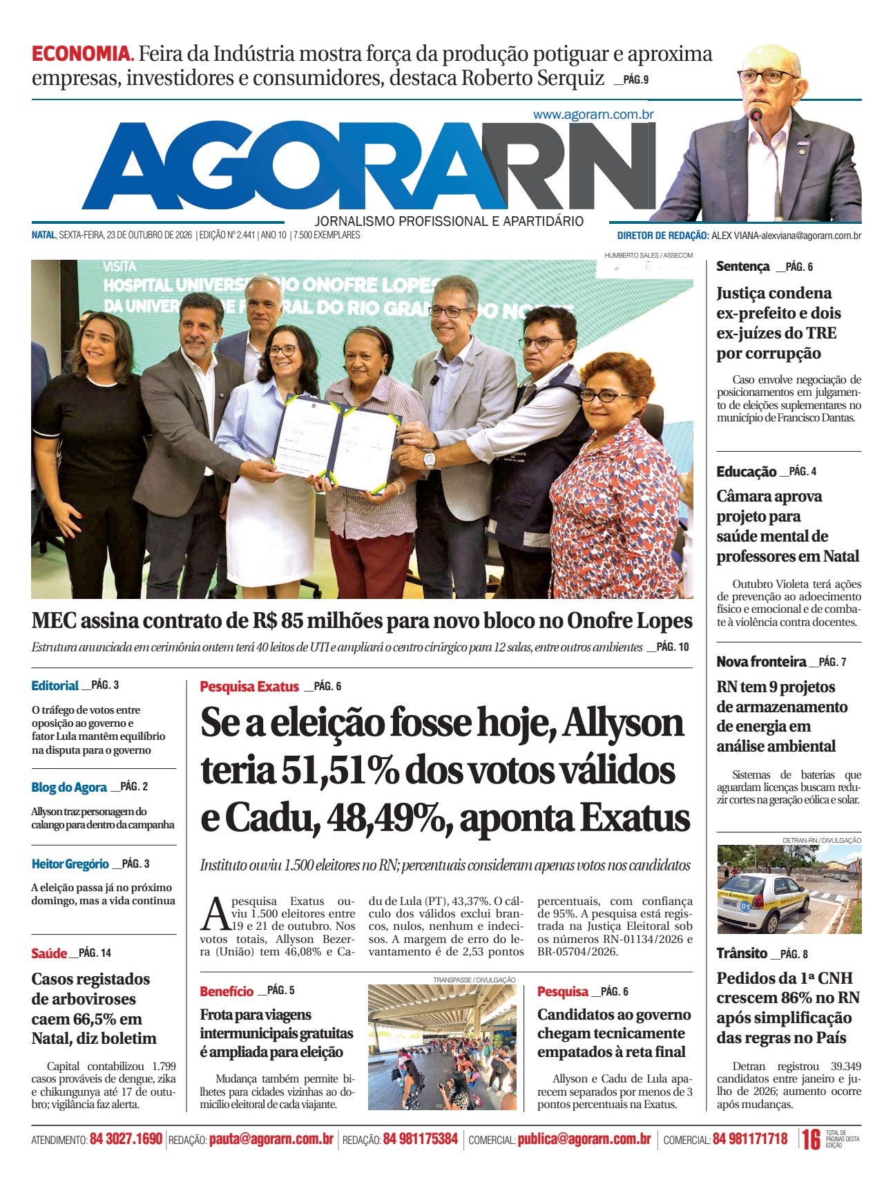 Capa da edição 2.441 do Agora RN, de 23 de outubro de 2026