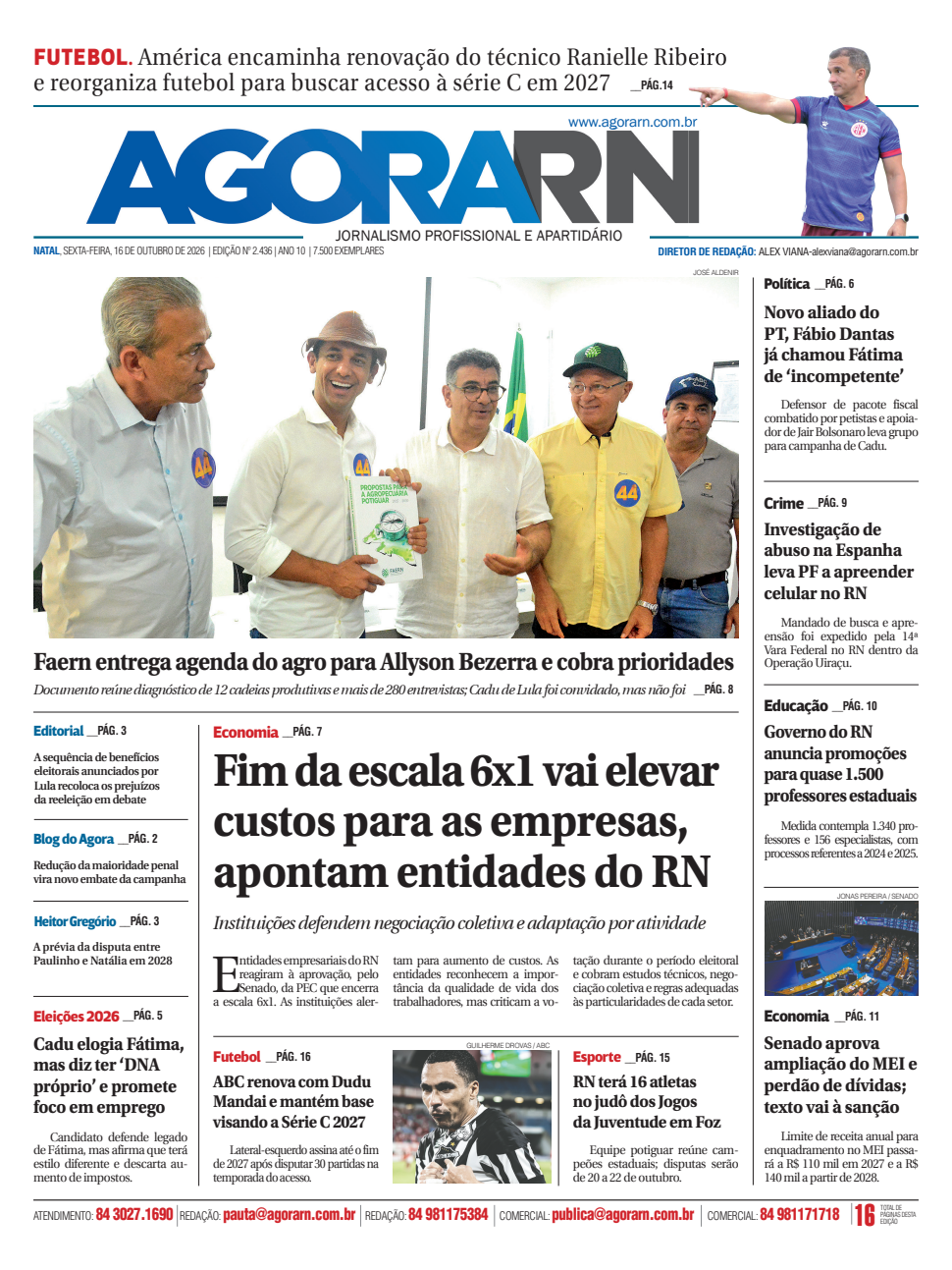Capa do Agora RN de 16 de outubro de 2026, edição 2.436