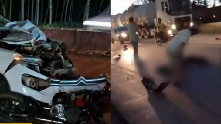 imagens o acidente na BR, o carro batido e o corpo no chão (borrado)