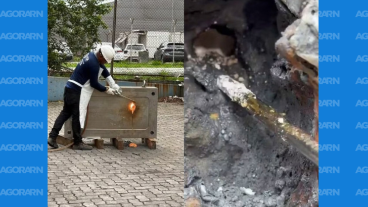 Agente utiliza equipamento para abrir estrutura metálica durante inspeção de molde industrial onde foi encontrada cocaína