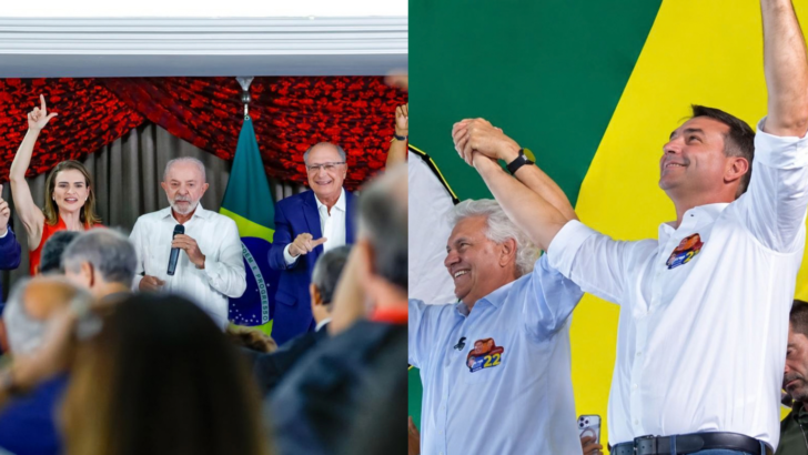 Montagem reúne imagens de atos políticos das campanhas de Lula e Flávio Bolsonaro