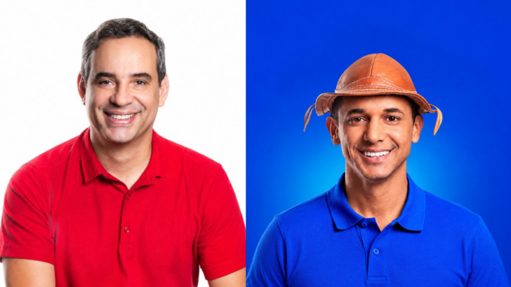 Montagem com retratos dos candidatos ao Governo do Rio Grande do Norte. À esquerda, homem de camisa polo vermelha sobre fundo branco; à direita, homem de camisa polo azul e chapéu de couro sobre fundo azul