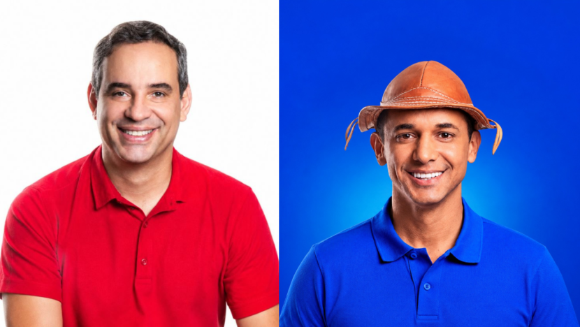 Montagem com retratos dos candidatos ao Governo do Rio Grande do Norte. À esquerda, homem de camisa polo vermelha sobre fundo branco; à direita, homem de camisa polo azul e chapéu de couro sobre fundo azul
