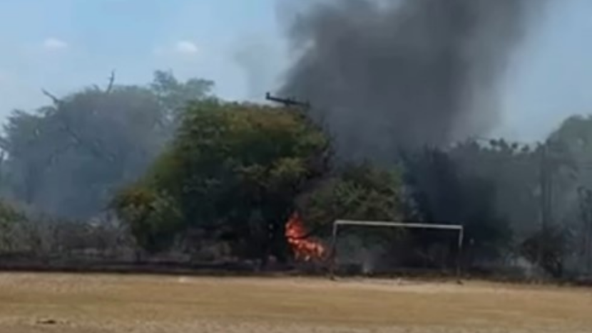 Coluna de fumaça escura sobe de uma área de vegetação, onde são visíveis chamas alaranjadas entre as árvores, durante incêndio em Mossoró