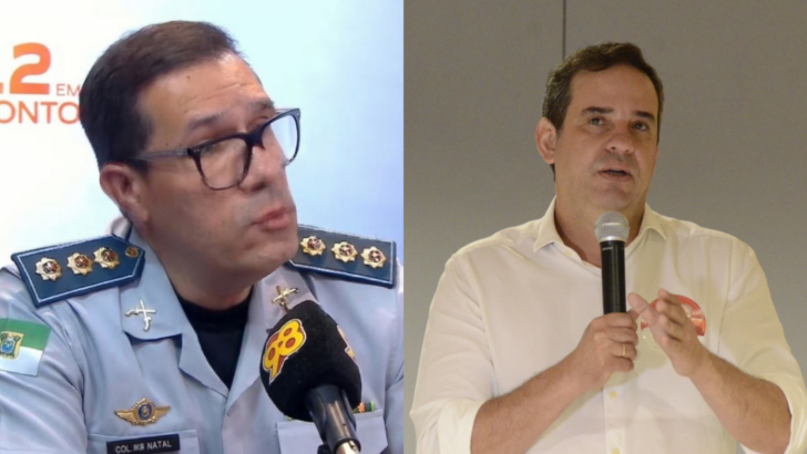 Montagem com dois homens: à esquerda, um militar de farda azul-clara e óculos diante de um microfone; à direita, um homem de camisa branca falando ao microfone