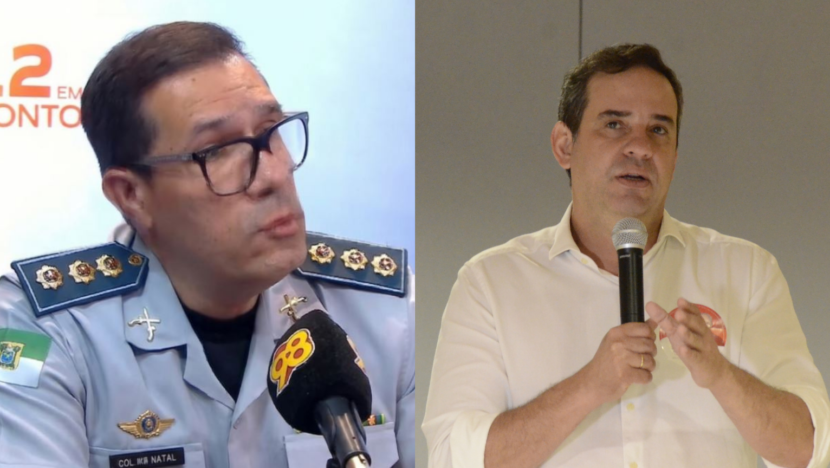Montagem com dois homens: à esquerda, um militar de farda azul-clara e óculos diante de um microfone; à direita, um homem de camisa branca falando ao microfone