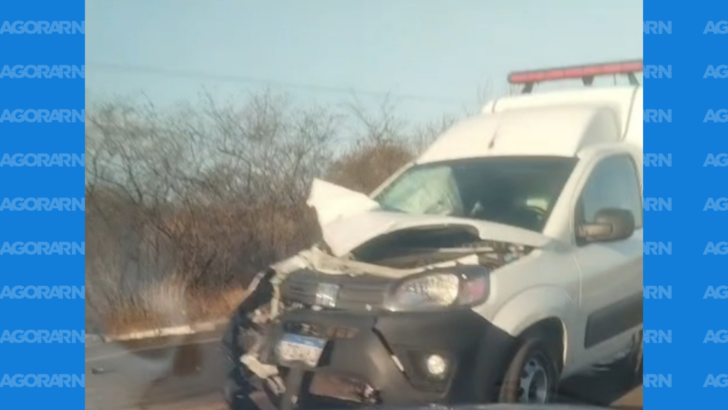 Ambulância branca parada em uma rodovia, com capô amassado, para-choque dianteiro danificado e parte do motor exposta