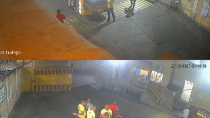 Montagem com duas imagens de câmeras de segurança mostra ônibus e pessoas em uma garagem