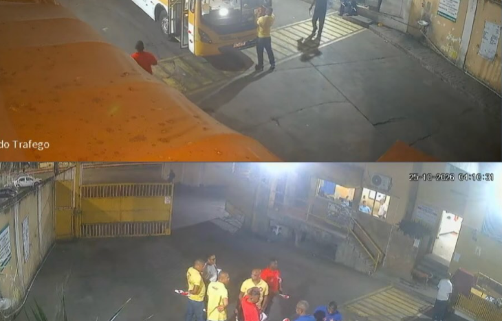 Montagem com duas imagens de câmeras de segurança mostra ônibus e pessoas em uma garagem