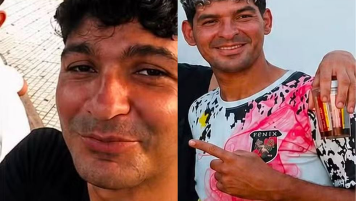 Montagem com duas fotografias do professor Daniel: à esquerda, de camiseta preta; à direita, com uniforme esportivo rosa, branco e preto