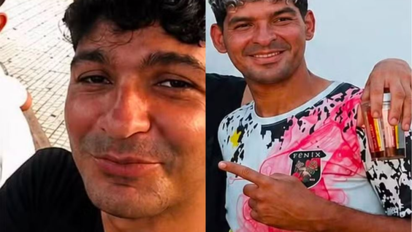 Montagem com duas fotografias do professor Daniel: à esquerda, de camiseta preta; à direita, com uniforme esportivo rosa, branco e preto