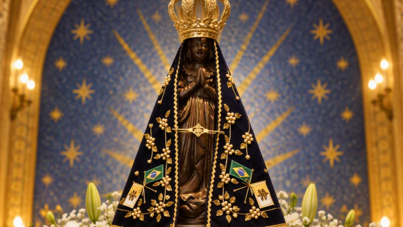 Imagem de Nossa Senhora Aparecida com manto azul e coroa diante de altar decorado com flores