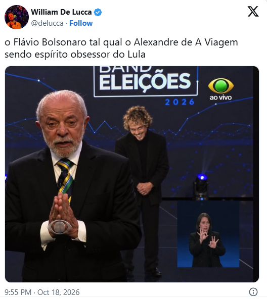 Captura de publicação no X compara Flávio Bolsonaro atrás de Lula a um espírito obsessor