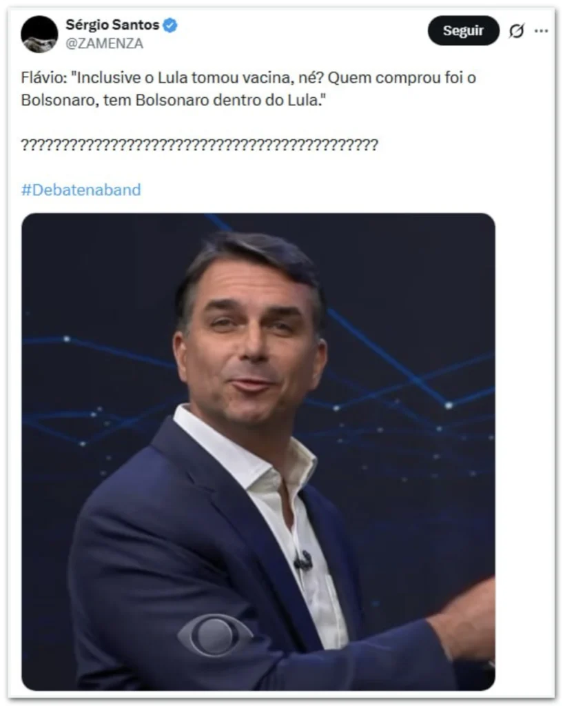 Captura de publicação no X reage à frase de Flávio Bolsonaro sobre a vacinação de Lula