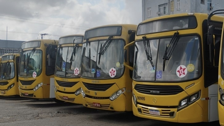 Ônibus amarelos estacionados lado a lado em garagem, com adesivos do número 13 nos para-brisas