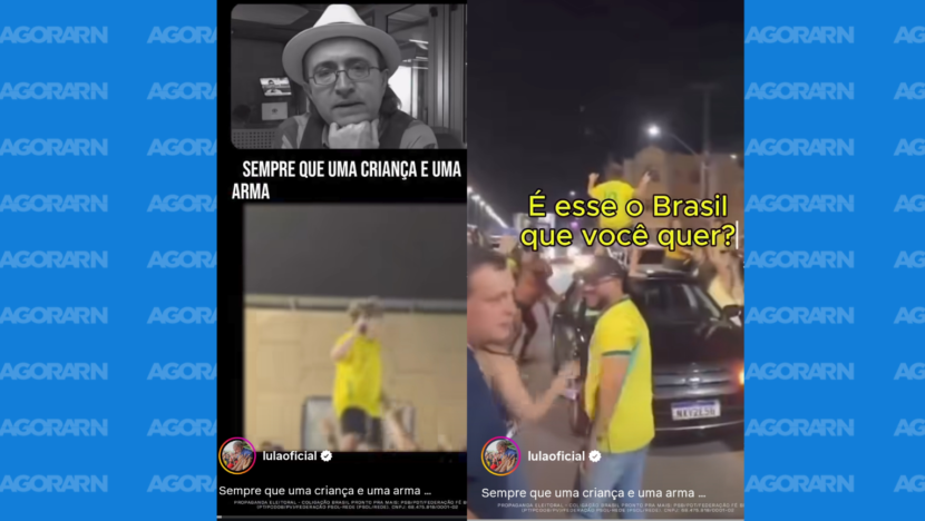 Montagem de cenas do vídeo publicado por Lula, com menino de camisa amarela em concentração de apoiadores.