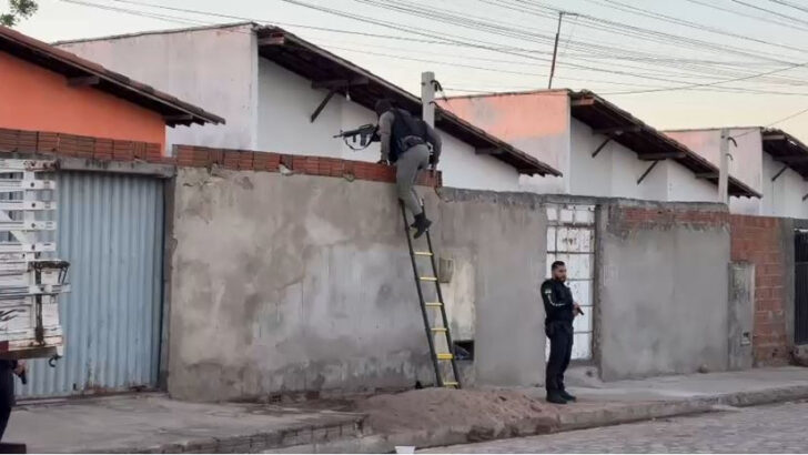 Policiais realizam buscas em imóvel com apoio de uma escada