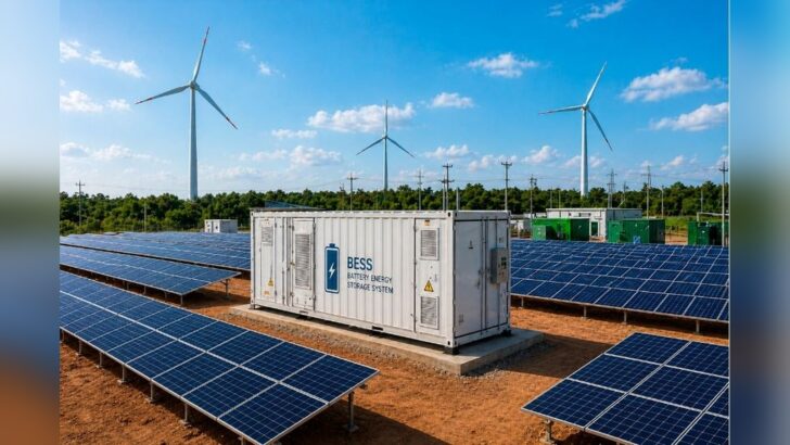 Modelo de bateria BESS em contêiner entre painéis solares e aerogeradores