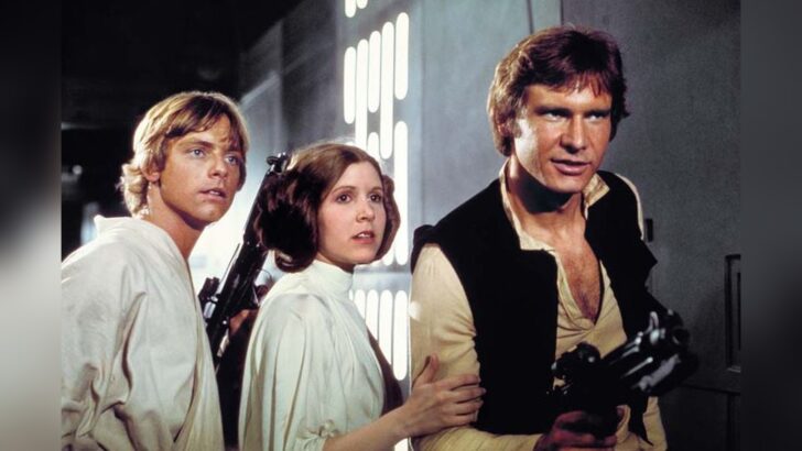 Luke Skywalker, Princesa Leia e Han Solo em cena de Star Wars