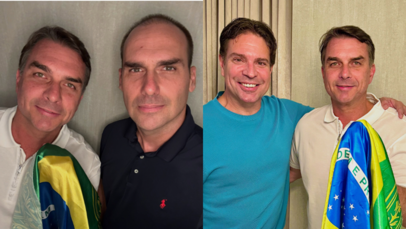 Montagem de duas fotos: Flávio Bolsonaro segura uma bandeira do Brasil ao lado de Eduardo Bolsonaro, à esquerda, e de Alexandre Ramagem, à direita