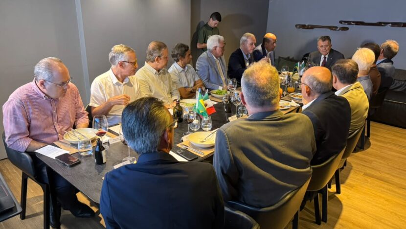 Participantes sentados ao redor de mesa durante reunião com o embaixador do México, com bandeiras do Brasil e do México ao centro