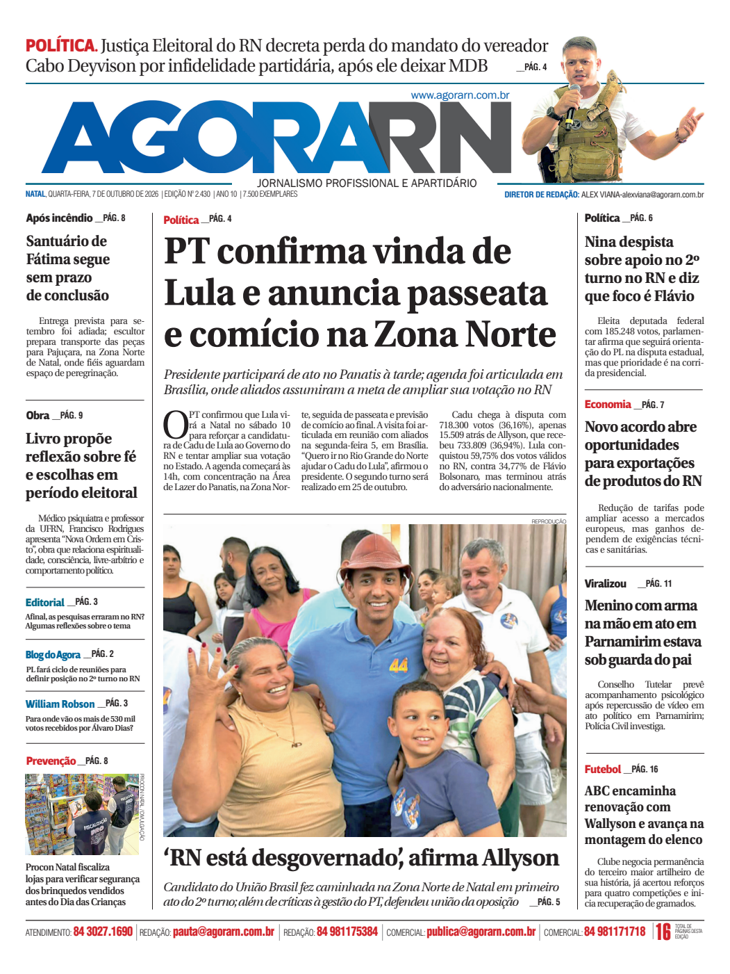 Capa da edição 2.430 do Agora RN, de 7 de outubro de 2026