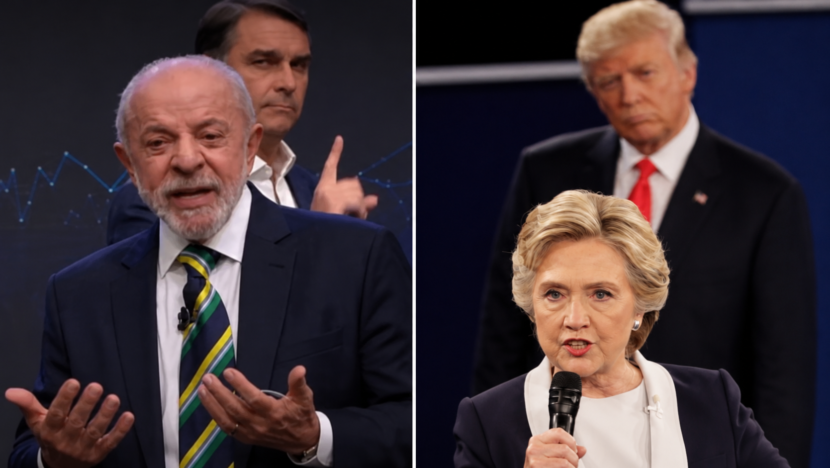 Montagem compara Flávio Bolsonaro atrás de Lula e Donald Trump atrás de Hillary Clinton em debates presidenciais