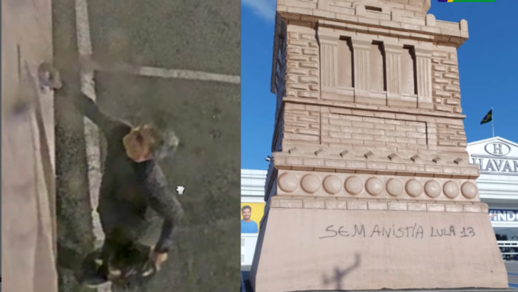 Montagem mostra uma pessoa junto à estrutura à esquerda e a base da réplica da Estátua da Liberdade com pichações à direita