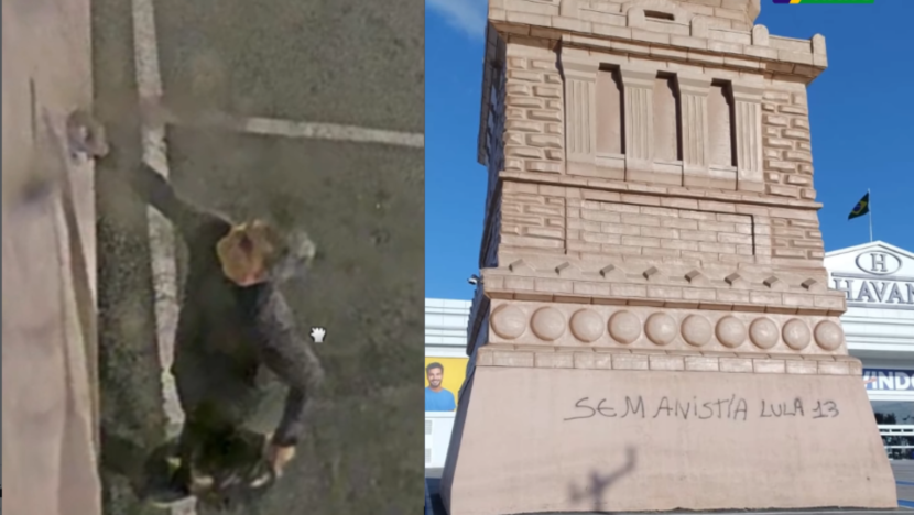 Montagem mostra uma pessoa junto à estrutura à esquerda e a base da réplica da Estátua da Liberdade com pichações à direita