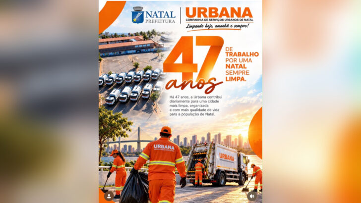 Arte comemorativa dos 47 anos da Urbana, com equipes e caminhões de limpeza de Natal