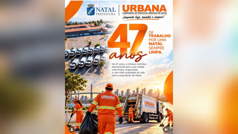 Arte comemorativa dos 47 anos da Urbana, com equipes e caminhões de limpeza de Natal
