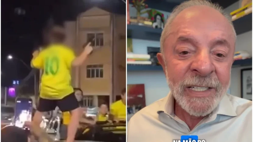 Imagem dividida em duas partes. À esquerda, criança com rosto desfocado, vestindo camisa amarela da seleção brasileira, aparece sobre um carro durante a noite. À direita, o presidente Lula aparece falando em vídeo, usando camisa clara