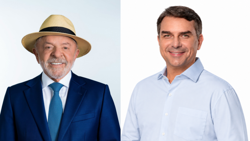 Montagem com Lula à esquerda, de terno e gravata azuis e chapéu de palha, e Flávio Bolsonaro à direita, de camisa azul-clara
