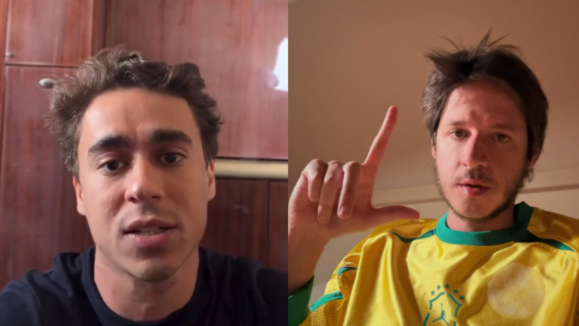 Montagem com Nikolas Ferreira à esquerda e Rubel, de camisa amarela e fazendo o gesto de L com a mão, à direita