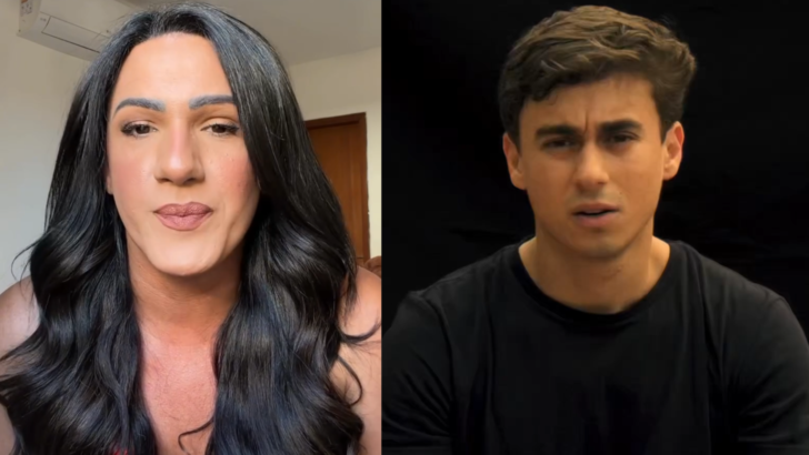 Montagem com Thabatta Pimenta à esquerda e Nikolas Ferreira à direita, em trechos de vídeos nas redes sociais