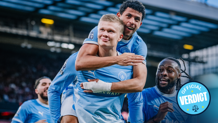 Haaland comemora gol do Manchester City contra o Liverpool em Anfield