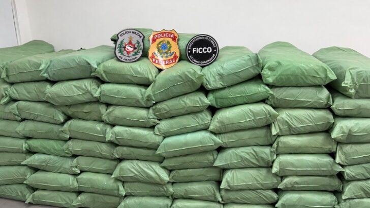 Dezenas de pacotes envolvidos em material verde aparecem empilhados diante de uma parede branca, com identificações da Polícia Federal, da Polícia Militar da Paraíba e da FICCO